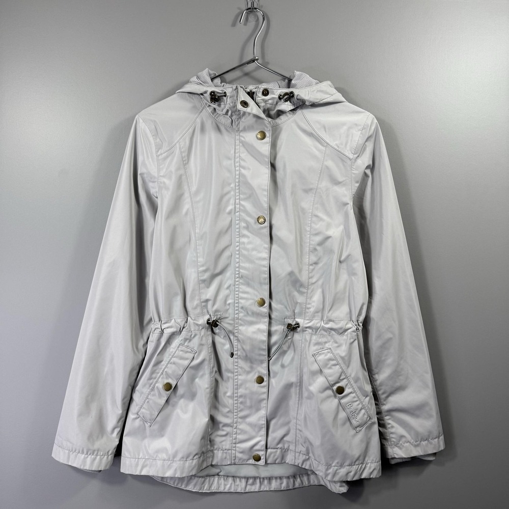 Barbour Jacket Womens 4 Gray Hooded Waterproof Breathable Lightweight Rain Coat